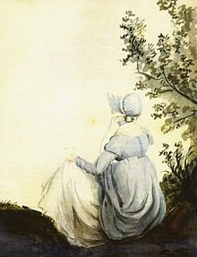 A sketch of a woman from the back sitting beneath a tree and wearing early 19th-century British clothing and a bonnet